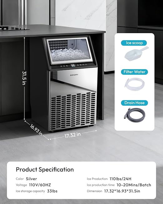 EUHOMY Commercial Ice Maker Machine,110lbs/24H Stainless Steel Under Counter Ice Machine with 33lbs Storage Bin, Freestanding Ice Maker for Home/Bar/Cafe/Restaurant(Mirror-Polished Stainless Steel)