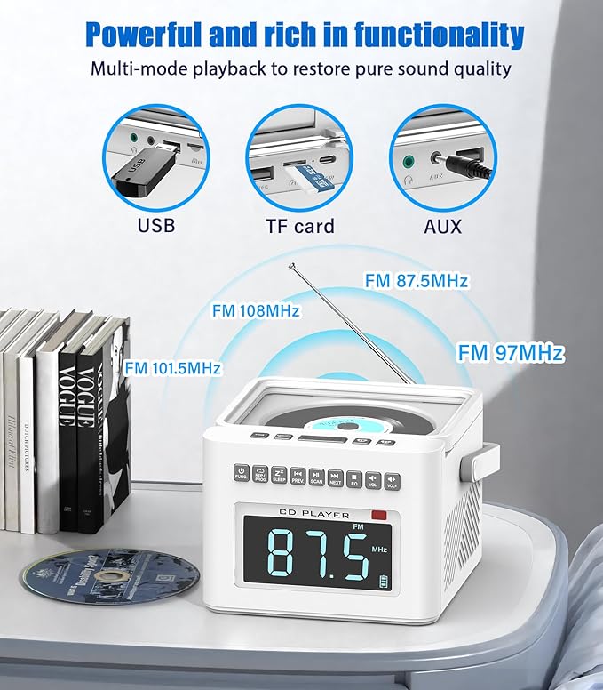 Greadio CD Player Alarm Clock Boombox with Bluetooth, 5000mAh Boombox Clock Radio with CD Player, White Noise, FM/AUX/USB/TF/Dimmer/Remote Control, Large LCD, Portable CD Radio Player for Home (White)