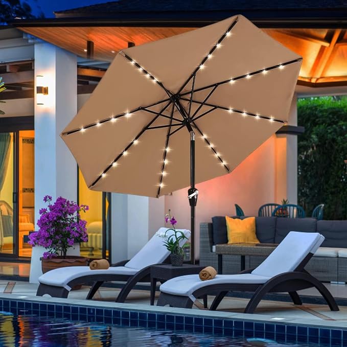 ABCCANOPY 7.5FT Durable Solar Led Patio Umbrellas with 24LED Lights (Khaki)