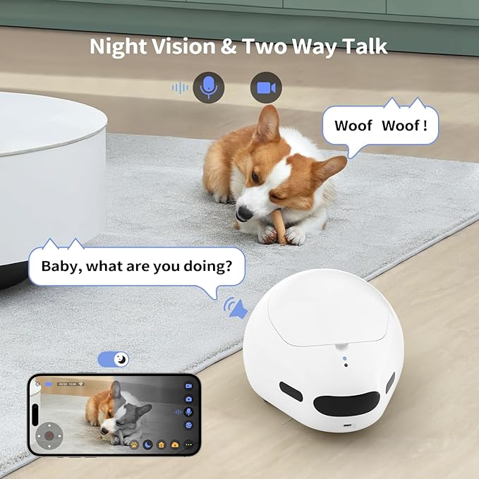 Cat Camera Robot with Laser & Treat Dispenser, Moving Pet Camera Robot for Dogs and Cats, Phone App Control, Auto Recharging, Night Vision, Two-Way Audio, Interactive LED Cat Toy, 2.4G WiFi