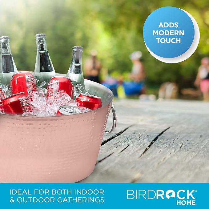 BIRDROCK HOME Hammered Stainless Steel Copper Beverage Tub with Handles - Double Wall Insulated 3 Gallons - Metal Drink Cooler & Ice Bucket for Parties - Outdoor Aluminum Holder for Bottles & Soda