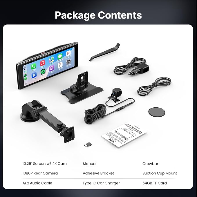 WonVon Wireless Car Play Screen, 10.26'' Monitor with Apple Carplay & Android Auto, 4K Dash Cam 64G, 1080P Backup Camera, Portable Smart Touch Tablet Stereo Multimedia Dashboard, Bluetooth/FM/GPS/AUX