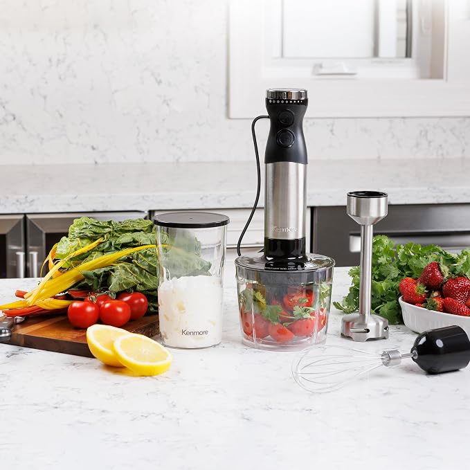 Kenmore Immersion Blender - Handheld Stick Mixer, Electric Hand Blender with Stainless Steel Shaft, Whisk, Variable Speed for Smoothies, Milkshakes, Baby Food, Puree, Batidora de Inmersión