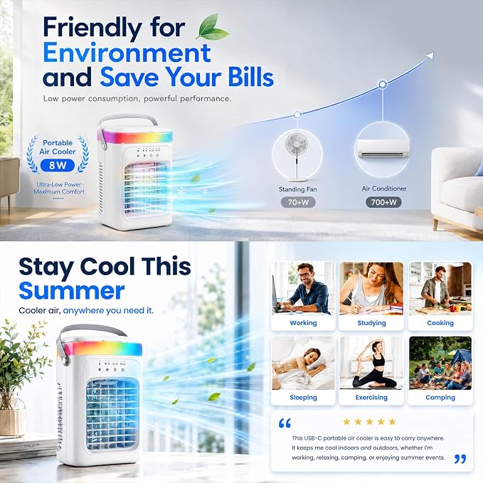 2026 New 4-in-1 Portable Air Conditioner, Sound ≤30dB Mini AC Unit, 12H Runtime, 1000ML Evaporative Air Cooler, 3 Speed & 2 Mist, Remote, USB, Timer, 7-Color LED for Bedroom Office Car - 1 PCS