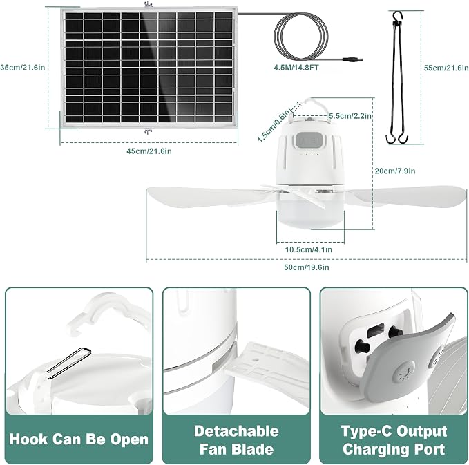 Gliztech Solar Ceiling Fan Light, 20000mAh Portable Gazebo fan with 30W Solar Powered Fan with Remote Control, Outdoor Ceiling Fan with Light for Patios, Canopy, Shed, RV, Porch and Chicken Coop