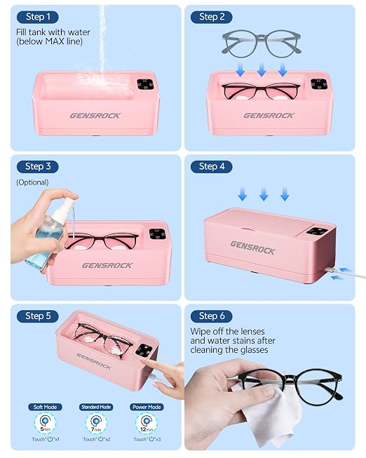 GENSROCK Ultrasonic Jewelry Cleaner, 48kHz Professional Silver Jewelry Cleaner & Diamond Ring Cleaner, 3 Modes, Scratch-Free 360ML Tank, Quiet Sonic Cleaner for Gold, Earrings, Glasses(Pink)