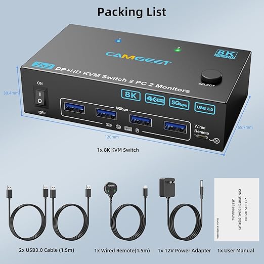4K@144Hz KVM Switch 2 Monitors 2 Computers Displayport HDMI, USB3.0 Dual Monitor KVM Switch for 2 Computers Share 2 Monitors and 4 USB Peripherals,Wired Remote 12V Adapter and 2 USB Cable