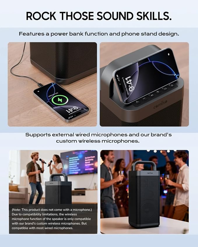 COMISO Portable Bluetooth Speaker with Deep Bass,150W Peak, IPX6 Waterproof Outdoor Speaker with 12H Playtime,Power Bank Function, Party Speaker with USB/AUX/Mic Inputs, Speakers for Home,Beach&Travel