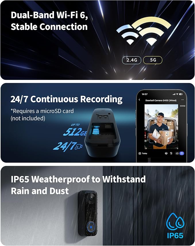 Aqara Doorbell Camera G400 with Chime, Wired/PoE, HomeKit Secure Video, 2K HD Head-to-toe View, 2-Way Audio, 2.4/5GHz Wi-Fi 6, Supports Alexa/Google/SmartThings, Local Detection & 24/7 Recording, IP65