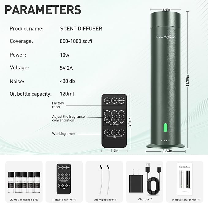 Waterless Scent Diffuser Starter Kit - 1000 Sq Ft Coverage, Hotel Scent Diffuser, Essential Oil Diffuser for Home & Large Room, Included 5 Scent Oils, Remote Control, SandGreen, 11In