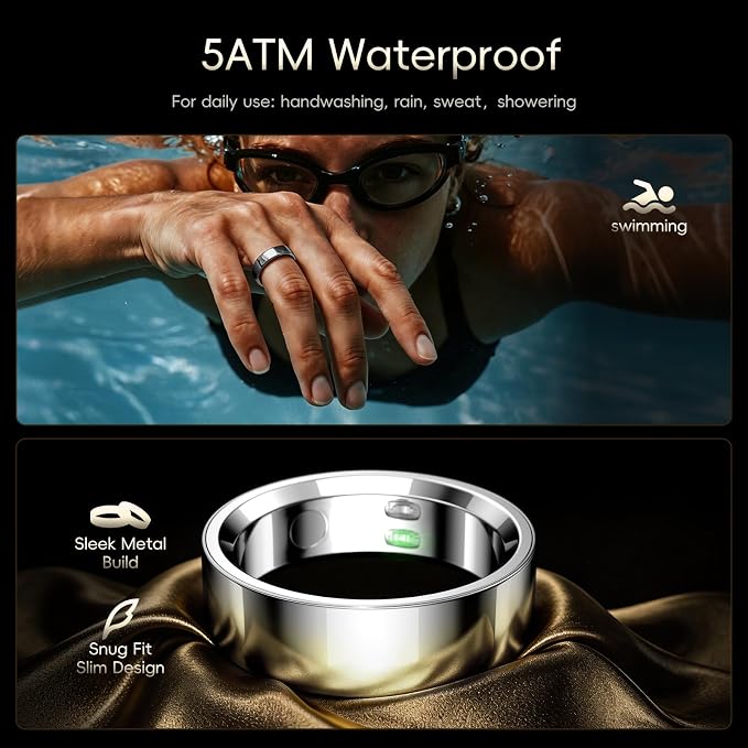 RQZ Smart Ring Fitness Tracker for Men Women, Sleep & Heart Rate Monitor, Step Counter with Vibration Alert, 5 ATM Waterproof, Compatible with iOS & Android Silver Size 9