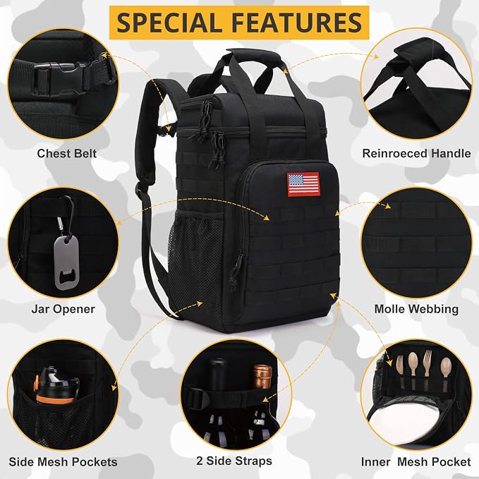 Tactical Backpack Cooler,Lunch Backpack for Men Adults Work with Handle,Soft Cooler Backpack Insulated Waterproof Leak Proof