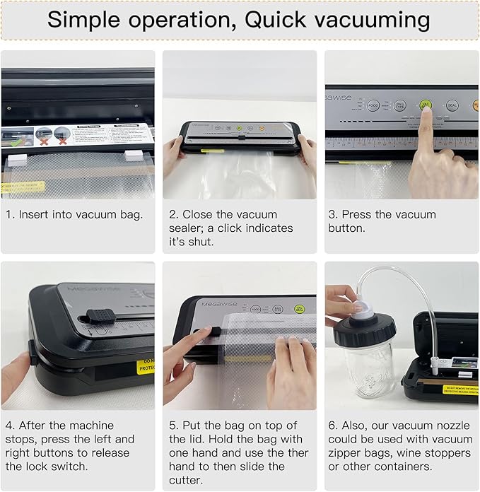 MEGAWISE Food Sealer w/Premium Kit with Accessory Hose for Wide and Regular Mouth Sealer, Dry & Moist Food Modes, Compact Design with 10 Vacuum Bags & 20 Mason Tin Lids. (Premium)