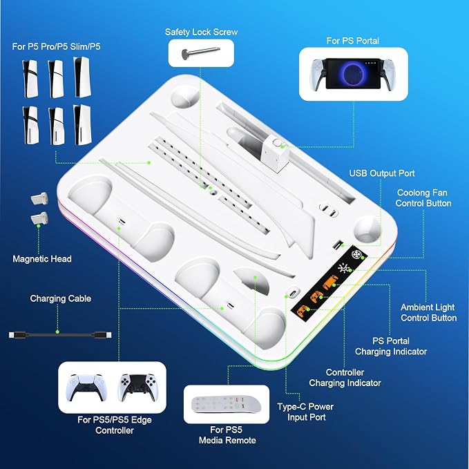 FYOUNG All in One Cooling Stand & Charger Station for PS5/Slim/Pro Console and Controller Charing Dock, Charging Stand for PlayStation Portal, Headset and Remote Holder with RGB Light Stand (White)