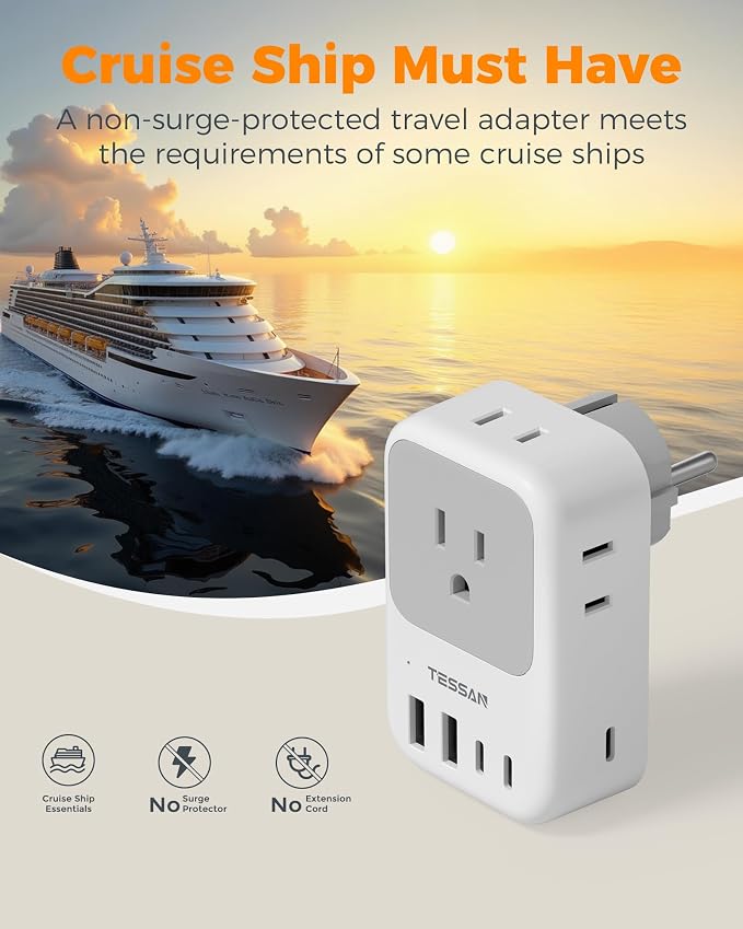 TESSAN Type F Plug Adapter 2 Pack, 28W Germany France Travel Plug Adapter with 4 Outlets 5 USB Ports (3 USB-C), Type E Power Adaptor for US to Europe Spain Iceland Greece South Korea Russia Norway