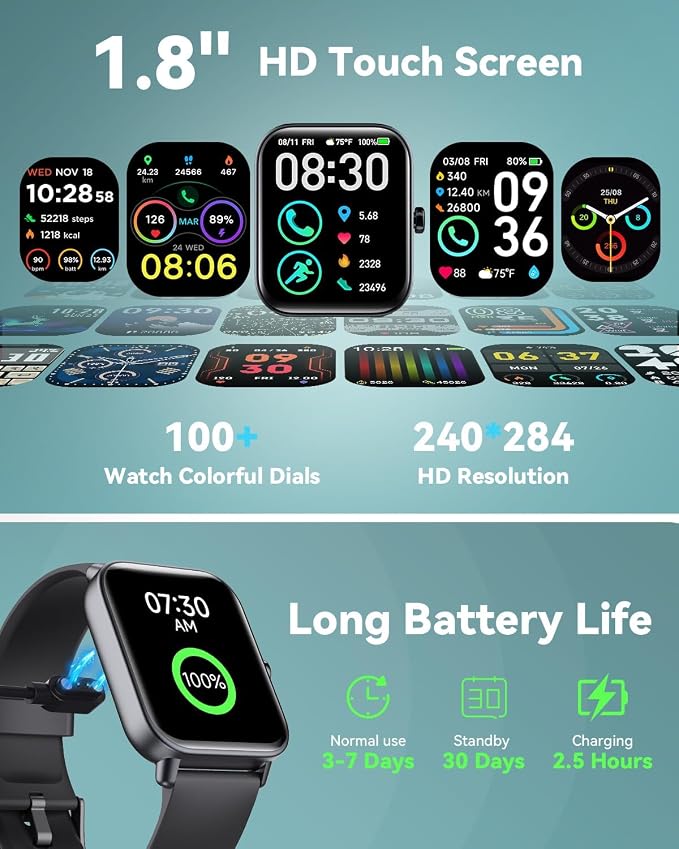 Quican Smart Watches for Women/Men, 2 Bands, Compatible for Android iPhone | 1.8" Fitness Tracker Watches, Alexa Built-in, Waterproof /Bluetooth Calling, Heart Rate/Sleep Monitor, Perfect Smart Gift