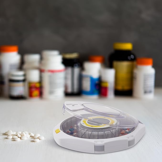 LiveFine Bluetooth Automatic Pill Dispenser, 28-Day Capacity, Sound & Light Alerts, Key Lock, LCD & Easy Setup on the LiveFine App for Prescriptions, Medications, Vitamins & Supplements - Clear Lid