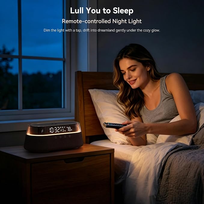 6-in-1 Bluetooth Speaker Alarm Clock with Remote, FM Radio & Dimmable LED Night Light, 15W Fast Wireless Charger, Dual Digital Clock for Bedroom Home Office, Ideal Gifts for Him, Men Women
