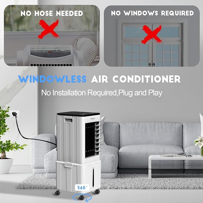 Lifecreek Portable Air Conditioner, 3-in-1 Evaporative Air Cooler with 3.2 Gal Water Tank, Windowless Portable AC Fan with 6 Ice Packs, Remote, 12H Timer, 3 Speeds, 4 Modes for Room Bedroom Office