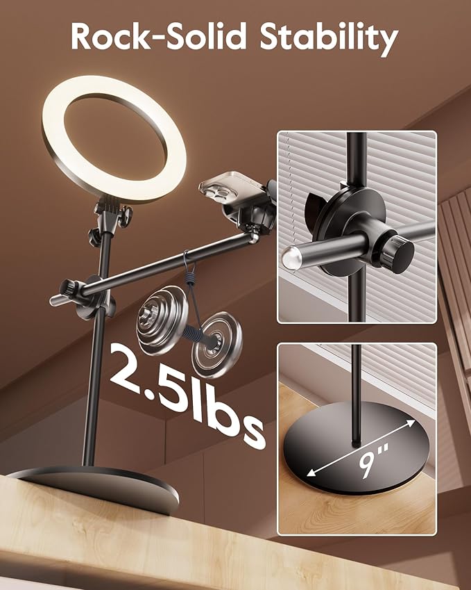 Ring Light Overhead Camera Mount for Desk, LUXSURE 10.5" Ring Light with Stand for iPhone, Adjustable Overhead Tripod with Shooting Arm & Phone Holder for Video Recording, Content Creation, Cooking