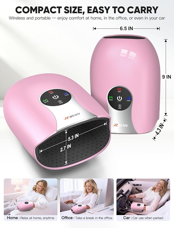 JZBRAIN Hand Massager with Heat and Compression : Cordless Heated Hand and Wrist Massager for Palm, Fingers, and Comfort Relief – 4 Modes 6 Intensities, Portable Rechargeable, Wife Husband (Pink)