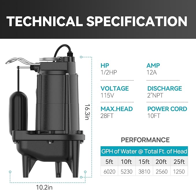 1/2 HP Sewage Pump, Cast Iron Effluent Pump, Automatic Float Switch, Sewage Sump Pump for Sump Basin, Basement, Residential Sewage, 2'' NPT Discharge, Dark