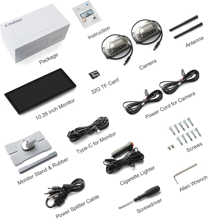 HD RV Vehicle Backup Cameras Wireless with 10.26" Monitor for Car Truck Trailer Bus Camper Motorhome System Recording Wide View Two Rear View Camera Clear Infrared Night Vision Support 4 Split Screen