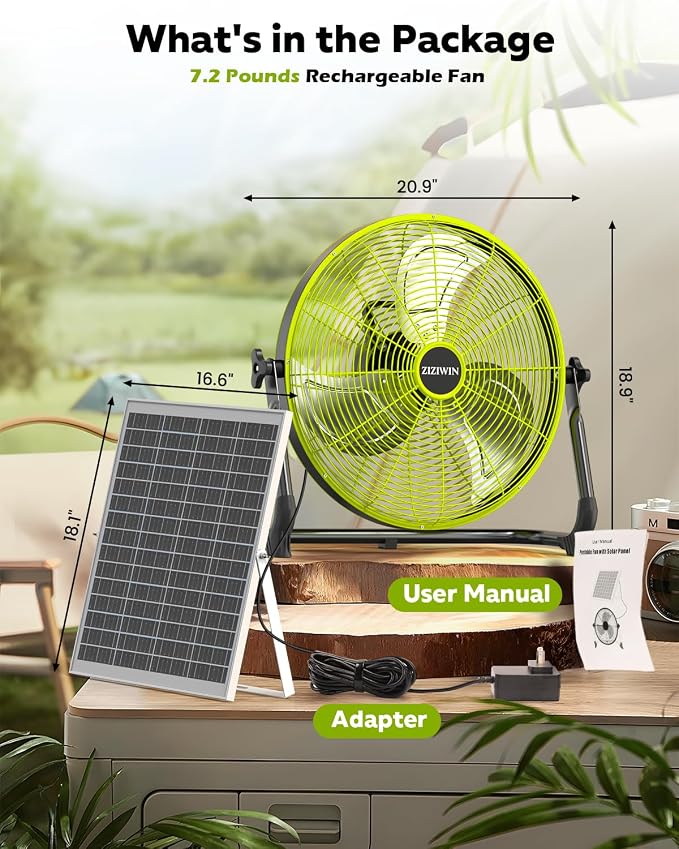18" Solar Fan, 35W Solar Powered Cordless Greenhouse Fan with Rechargeable Battrey, Portable, 360° Tilt, 8~60H Runtime, for Outdoor Camping Gazebo Chicken Coop Patio Travel Shed Barn