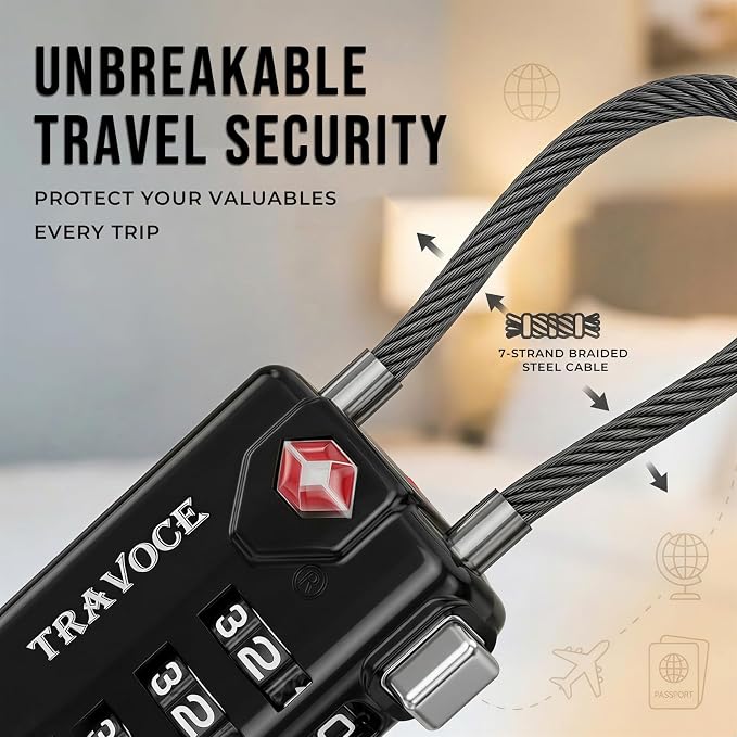 • TRAVOCE TSA Approved Luggage Locks - Heavy Duty 3 Digit Combination Cable Lock, Search Alert for Suitcases, Backpacks, Golf Bags, Tents, Violin and Camera Cases, 6 Pack, Black