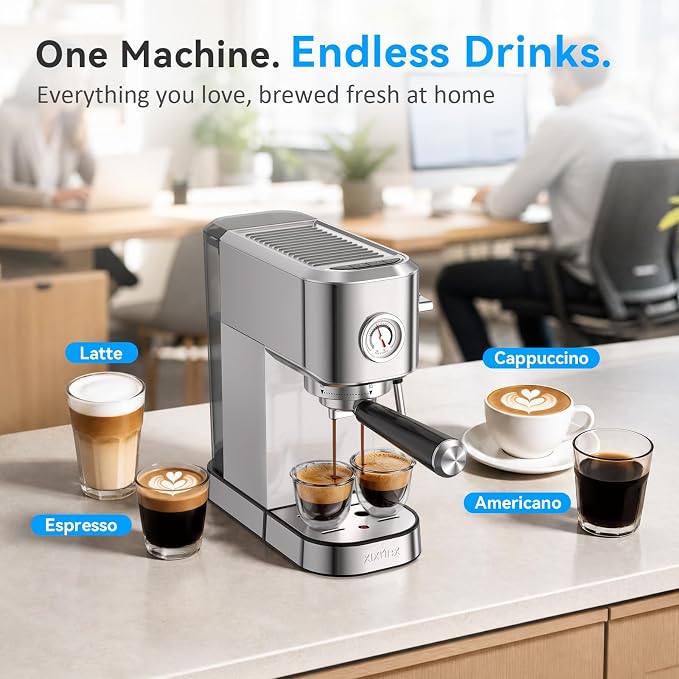 XIXUBX 20 Bar Espresso Machine, Compact Stainless Steel Espresso Maker with Milk Frother and Milk Frothing Pitcher, Coffee Machine for Cappuccino and Latte, 42 oz Water Tank for Home, Office, Silver