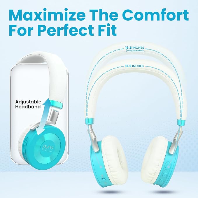Puro Sound Labs JuniorJam Plus Volume-Limiting Wireless Bluetooth Headphones for Kids, Secure Audio with Adjustable On-Ear Design, 22-Hour Battery Life, Ideal for Tablets, Smartphones & PCs - Teal
