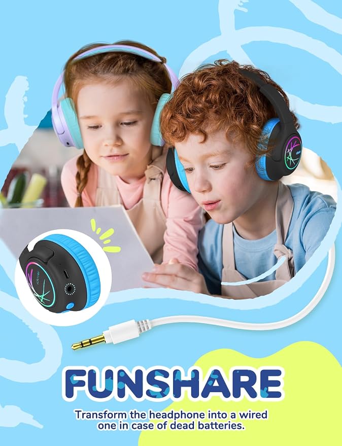 iClever 2 Pack Kids Bluetooth Headphones with LED Lights, BTH18 Safe Volume 74/85dBA, 43H Playtime, Bluetooth5.3 Kids Headphones Wireless Aux Cord for iPad/Tablet/Travel/School, Purple & Black