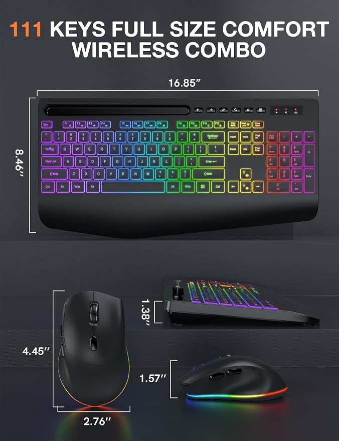 Wireless Keyboard and Mouse Combo - 9 Backlit Effects, RGB, Ergo Wrist Rest, Phone Holder, 2.4G Full Size, Rechargeable, Sleep Mode, KM22 MAX Quiet Set for Computer, PC, Laptop, Mac, Windows- SABLUTE