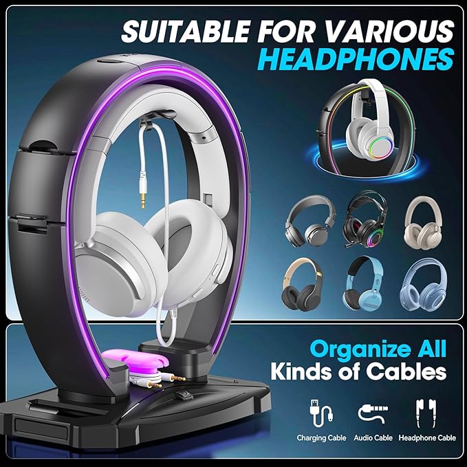 KDD Headset Stand with Charging Station & RGB Headphone Controller Stand with Cable Organizer