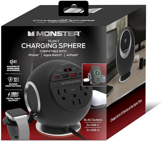 Monster 10 in 1 Charging Station, Includes 3 AC Outlets, 2 USB-A Ports, 2 USB-C PD Ports (65W Max), 3 Wireless Chargers Compatible with Qi Compatible Phones (15W), Apple Watch (5W), Air Pods (2.5W)