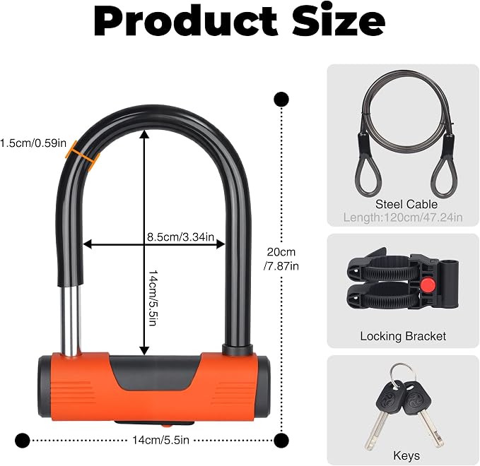 MEGHNA Bike Lock with Cable Heavy Duty Bicycle U Lock Combination Anti Theft Lock with Bracket for Mountain Bike Road Bike E-Bike Scooter