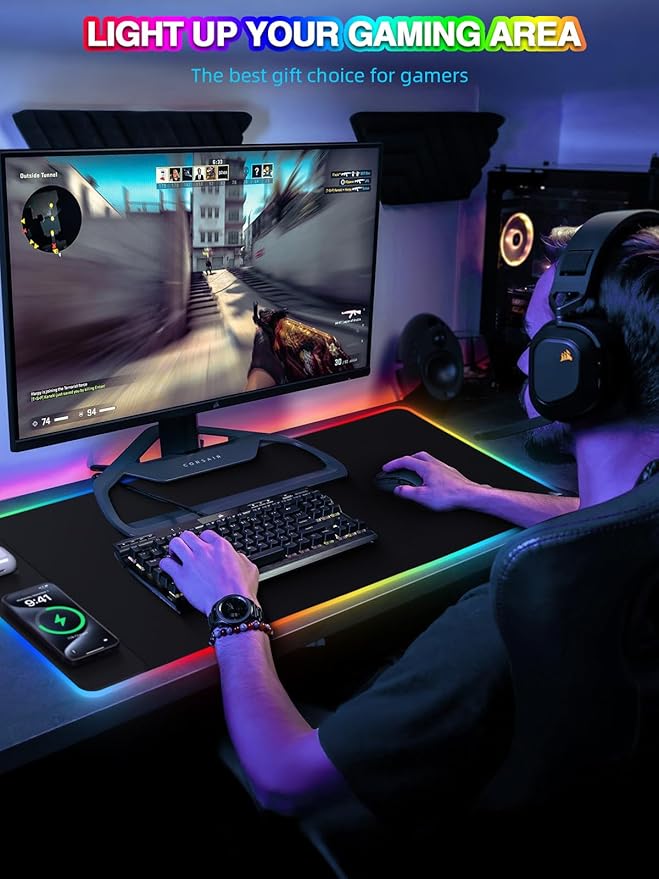 RGB Desk Mat with 15W Fast Charging, Mouse Pad Wireless Charging Large Gaming Mousepad for Desk Pad Waterproof Non-Slip