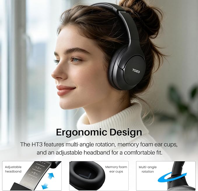 TOZO HT3 Hybrid Noise Cancelling Headphones, 90H Battery Life Wireless Over Ear Bluetooth 6.0 Foldable Headset, AI Voice Assistant with 5 Mics, Connect 2 Devices and Hi-Res Sound, 32 EQ Audio Presets