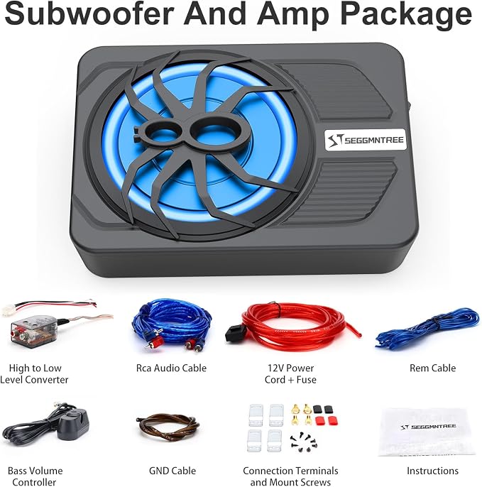 1000w Slim Under Seat Subwoofers with Amp,Car Subwoofer amp with Ambient Light,3.2" Height Amplified Subs High/Low Level Input for Car/Truck Audio,Powered Subwoofer and Amp Package Wire Kit Deep Bass