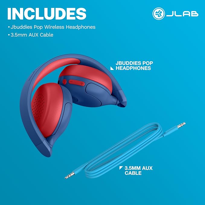 JLab, JBuddies ANC, 2 in 1 Kids Headphones, Active Noise Cancelling Wireless + Wired Over Ear, Purple/Pink