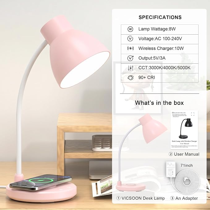 Desk Lamps for Home Office - LED Desk Lamp with Wireless Charger, 3 Color Modes Dimmable Eye-Caring Study Reading Desk Light, Small Flexible Arm Table Lamp for College Dorm Room Bedside, Pink