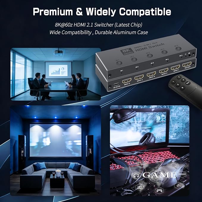 Enbuer 8K HDMI 2.1 Switch, HDMI 2.1 Switcher 5 in 1 Out Supports CEC 8K@60Hz, 4K@240Hz, 1080P@480Hz, HDCP 2.3 HDR 3D Dolby Atmos VRR Compatible with PS5 Xbox Blu-Ray Player with IR Remote Controller
