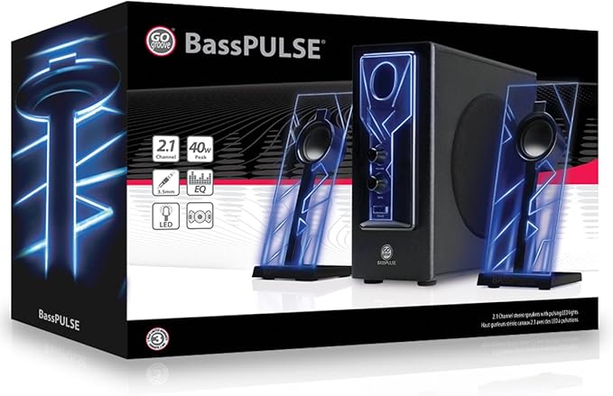 GOgroove BassPULSE 2.1 Computer Speakers with Blue LED Glow Lights and Powered Subwoofer - Gaming Speaker System for Music on Desktop, Laptop, PC with 40 Watts, Heavy Bass
