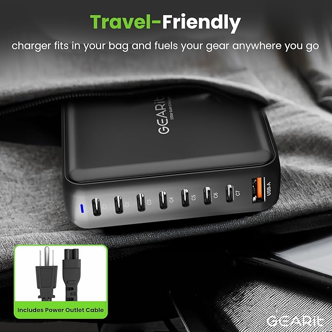 GEARit 8-Port 170W GaN Charger - USB Fast Charging Station and Power Hub for Multiple Devices - Multiport Charging Station with 7 USB C and 1 USB A - Powers Up to 8 Devices