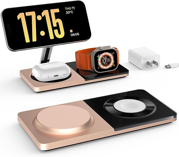 PETINO 3 in 1 Wireless Charging Station for Apple Devices with MagSafe | For iPhone 17/Air/16/15/14/13/12, AirPods & Apple Watch, Foldable Portable Aluminum Charging Stand, Adapter Included