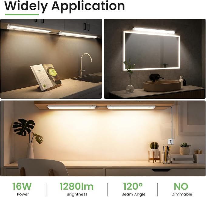 ALUSSO Under Cabinet Lighting, 24 Inch Linkable LED Under Cabinet Lights with Plug, 150° Swivel Light Bar, 3 Color Temperatures (3000/4000/6500), 16 W 1280 Lumen, for Kitchen Counter, Closet - 2 Pack
