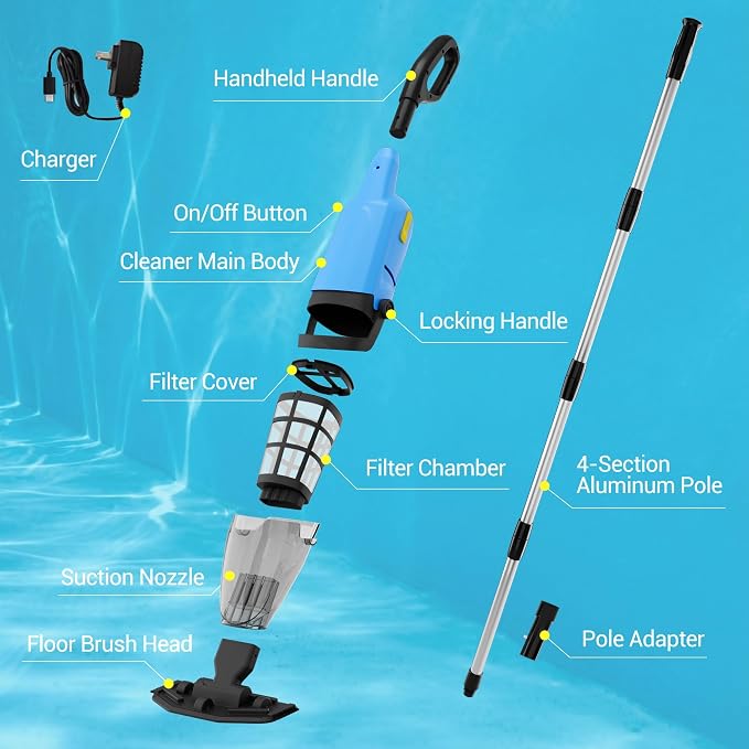 Pool Vacuum Above Ground Pool, 60min Runtime & 4-Section Aluminum Pole, 18 GPM Powerful Suction, Lightweight Cordless Handheld Rechargeable Pool Cleaner with 120μm Fine Filter (Blue)