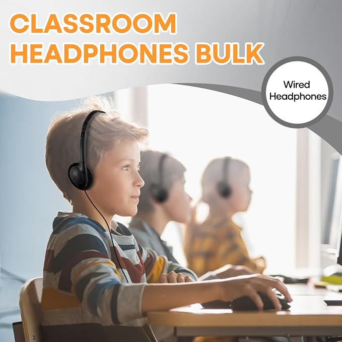 50 Pack Classroom Headphones Bulk for School Kids Students, Wholeslae Wired Durable Earphones Class Set for Children Toddler Teens Boys Girls and Adult (HY857,50 Black)