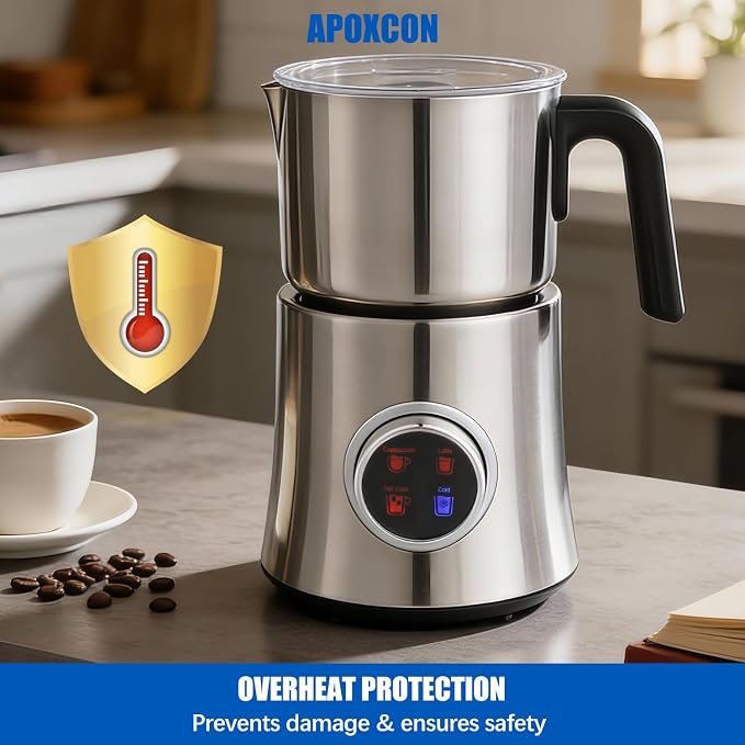 APOXCON Electric Milk Frother and Steamer, 4-in-1 Hot & Cold Foam Maker for Coffee 17oz Stainless Steel Frother Machine with LED Display Rotary Knob Milk Warmer Hot Chocolate Maker Dishwasher Safe