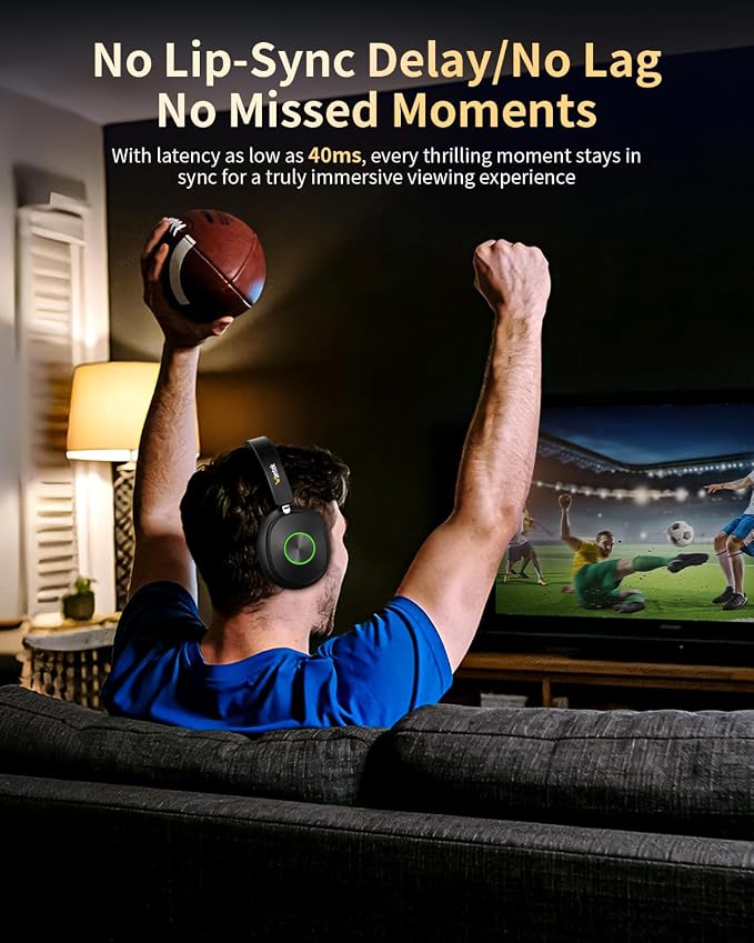 Wantek Wireless Headphones for TV Watching, TV Headphones Wireless for Seniors with Transmitter Charging Base, No Delay Bluetooth Headset for Hard of Hearing, Plug and Play